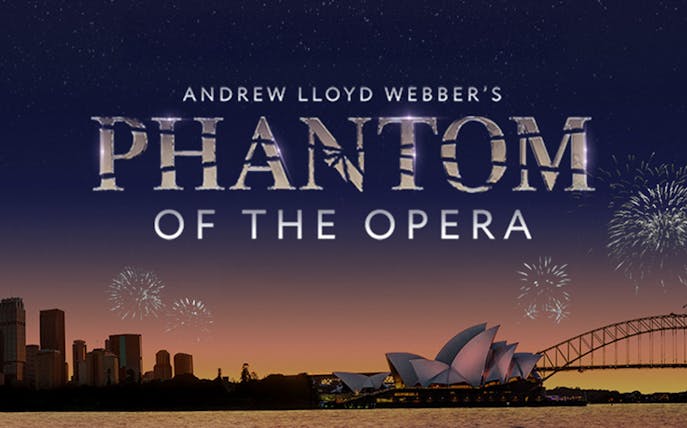 Phantom of the Opera poster with Sydney Opera House and Harbour Bridge at sunset.