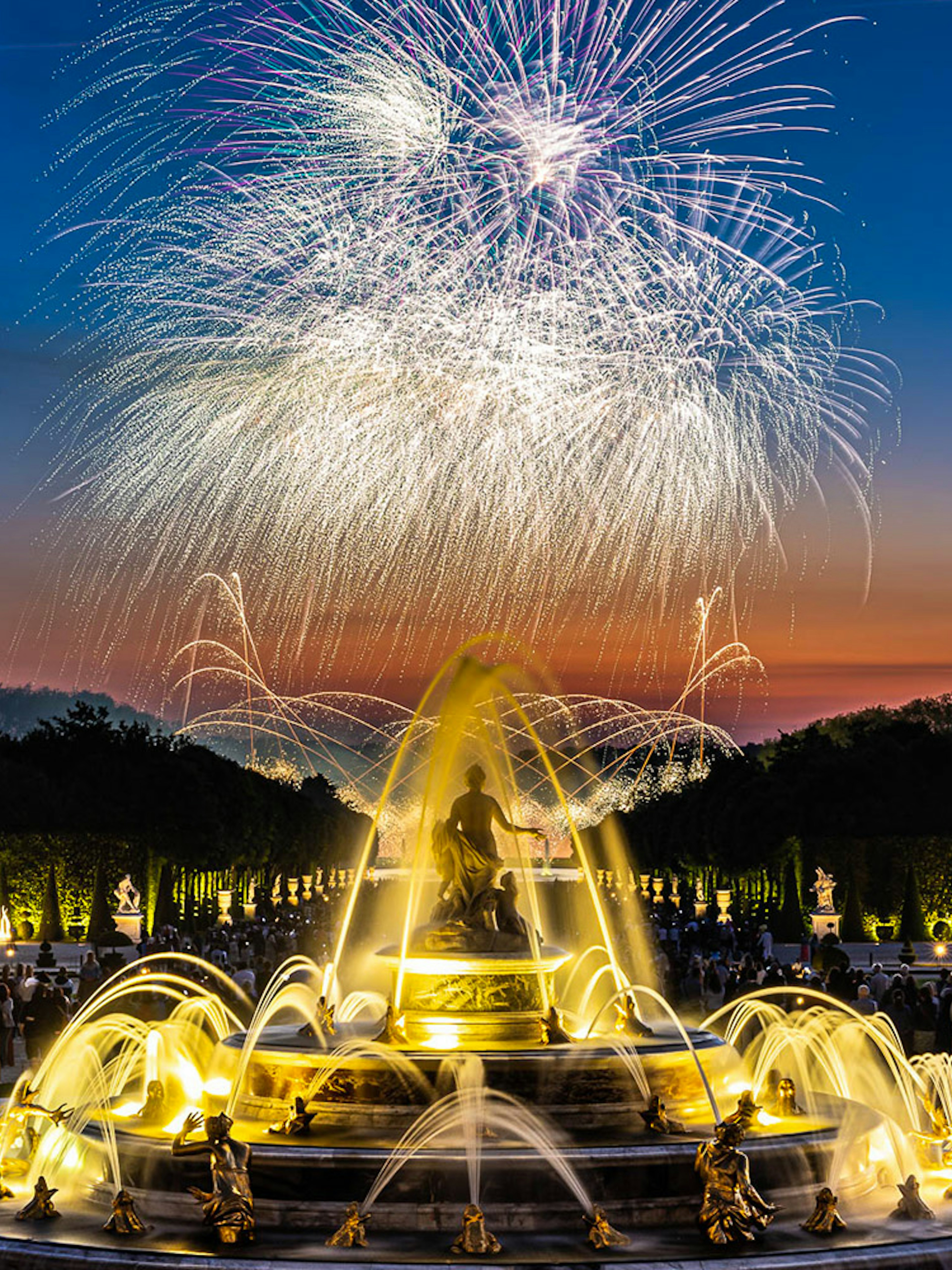 Fireworks over the Palace of Versailles fountain during the night show in France.