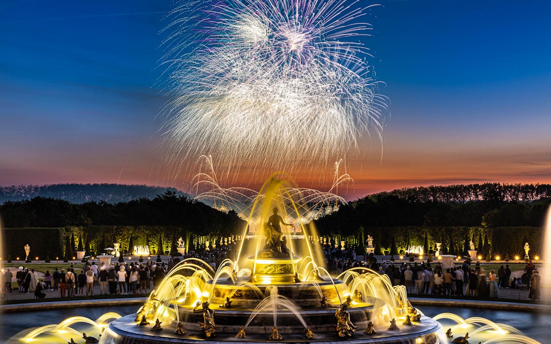 Fireworks over the Palace of Versailles fountain during the night show in France.