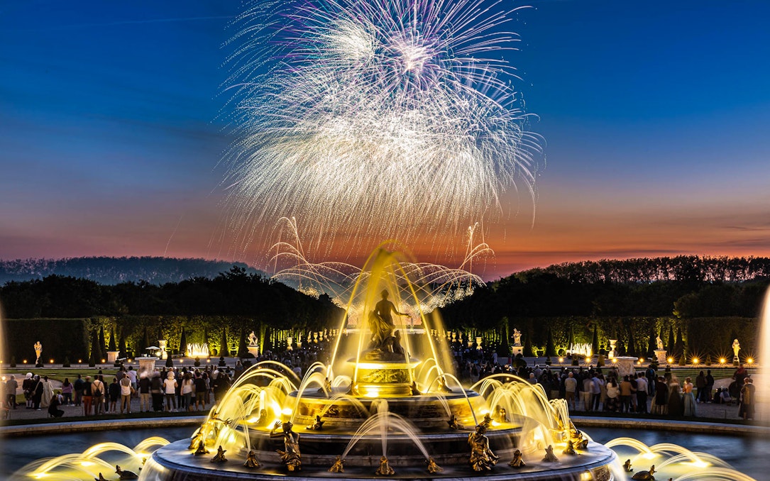 Fireworks over the Palace of Versailles fountain during the night show in France.