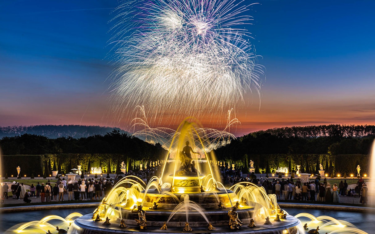 Fireworks over the Palace of Versailles fountain during the night show in France.