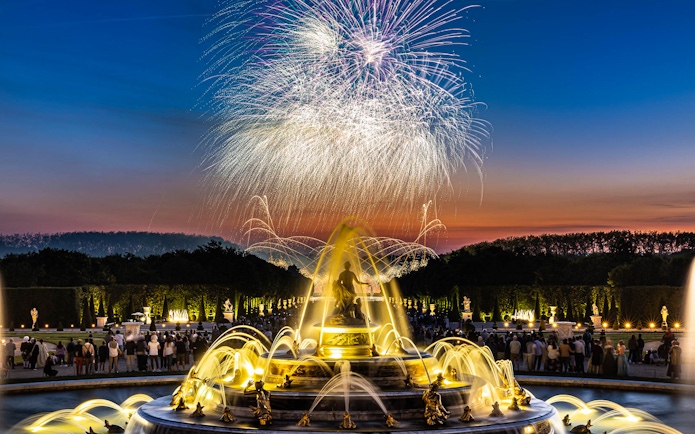 Fireworks over the Palace of Versailles fountain during the night show in France.