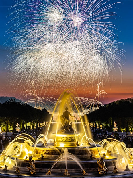 Fireworks over the Palace of Versailles fountain during the night show in France.