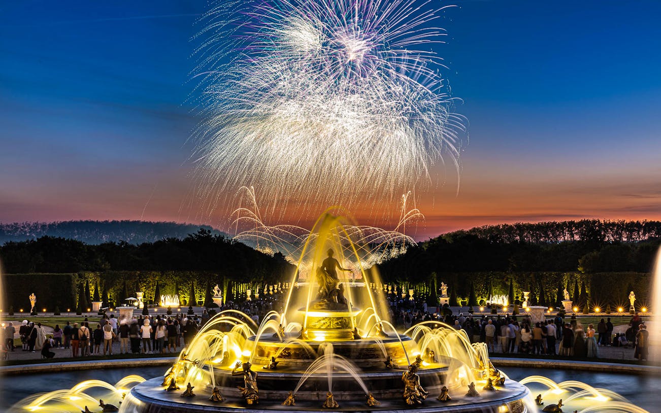 Fireworks over the Palace of Versailles fountain during the night show in France.