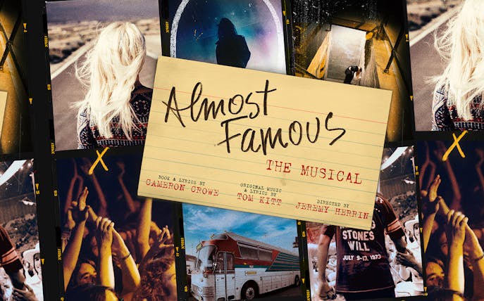 Collage of Almost Famous musical scenes with a tour bus and concert crowd.
