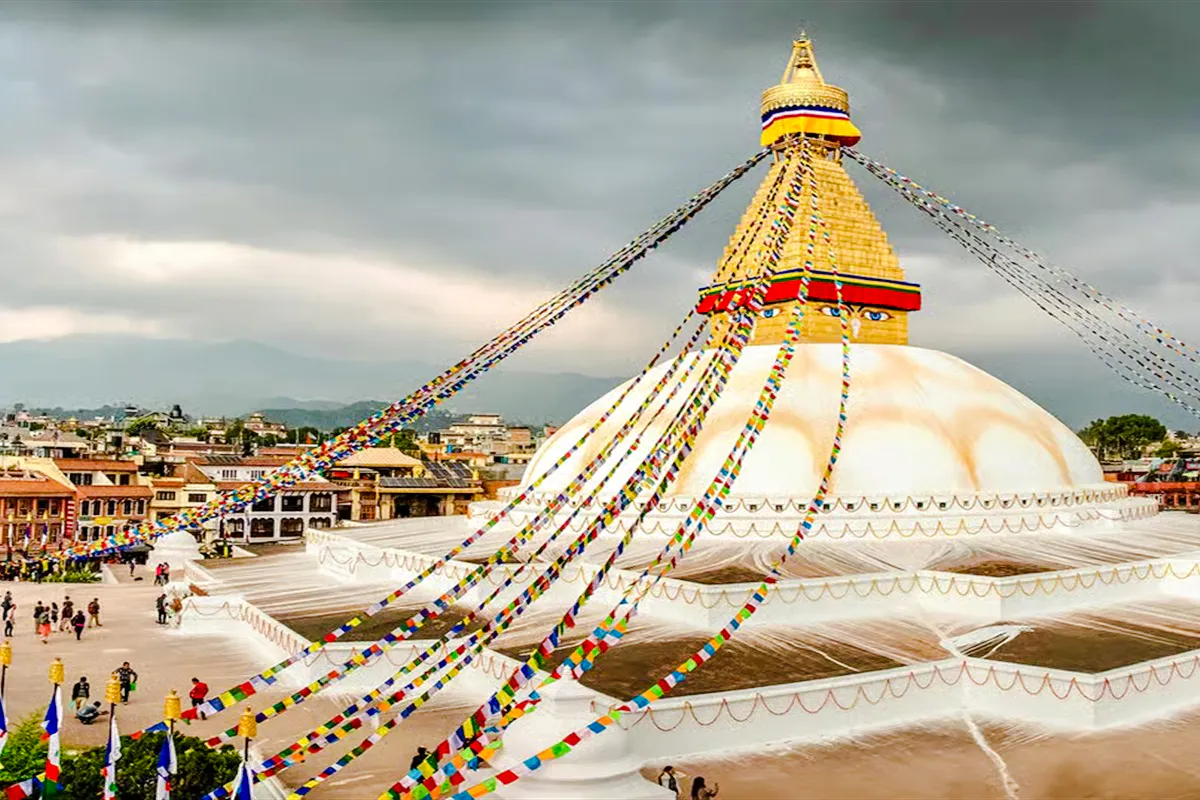 Boudhanath Stupa with prayer flags in Kathmandu, part of the 7 UNESCO Sites Tour.