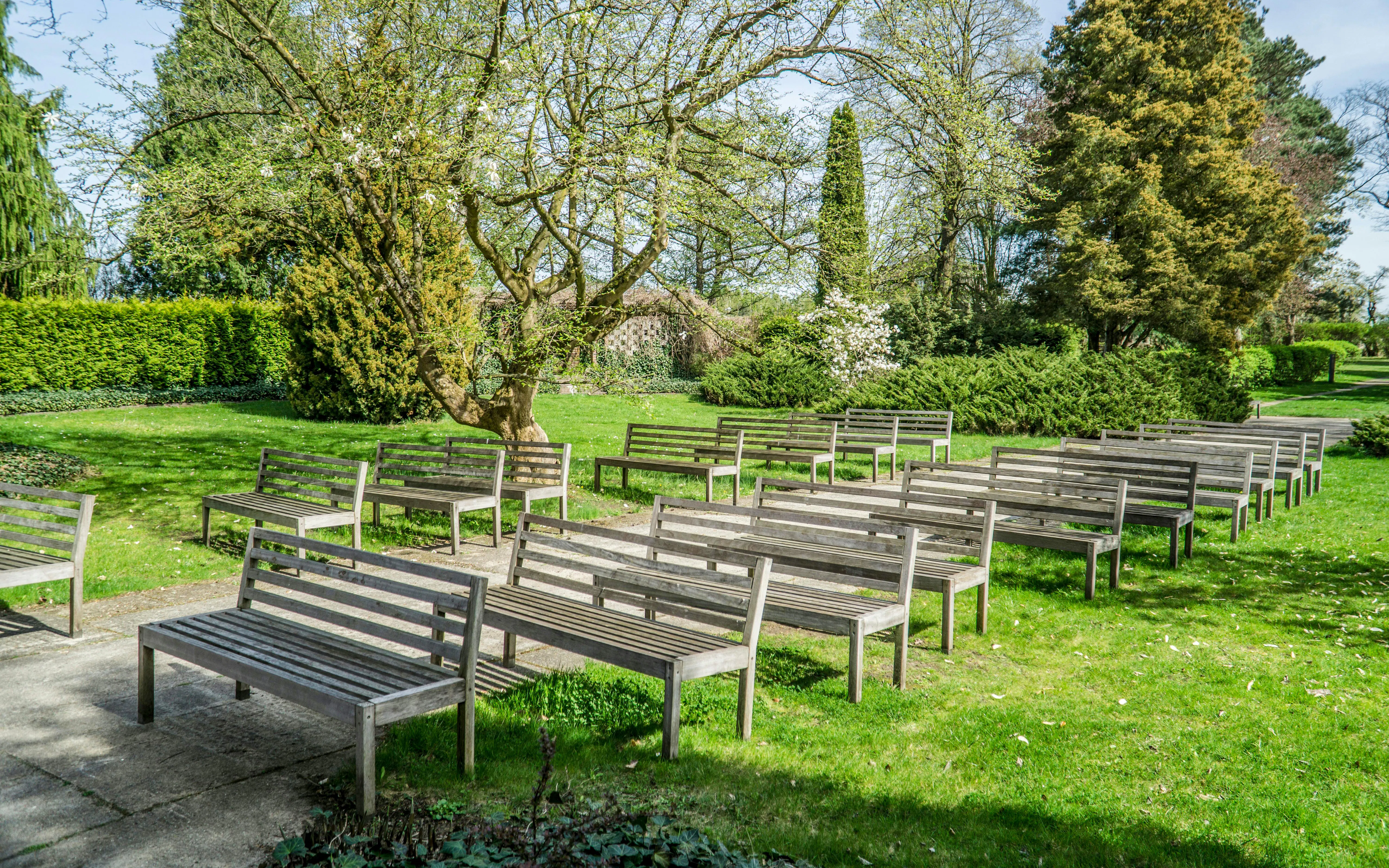 Benches in the garden at Park in Żelazowa Wola, Poland, birthplace of Frederic Chopin.