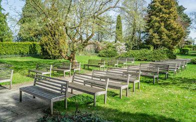 Benches in the garden at Park in Żelazowa Wola, Poland, birthplace of Frederic Chopin.