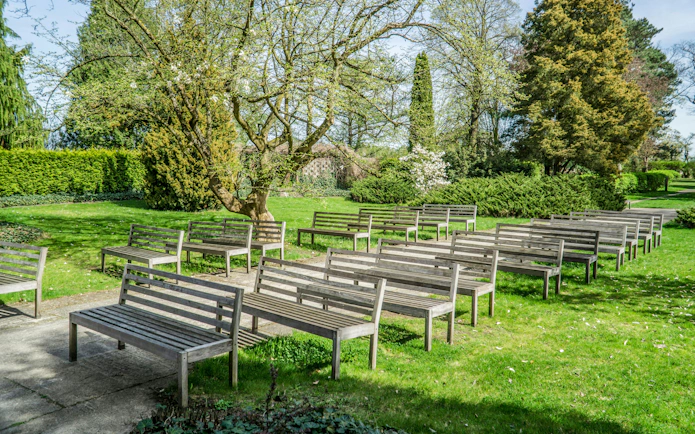 Benches in the garden at Park in Żelazowa Wola, Poland, birthplace of Frederic Chopin.
