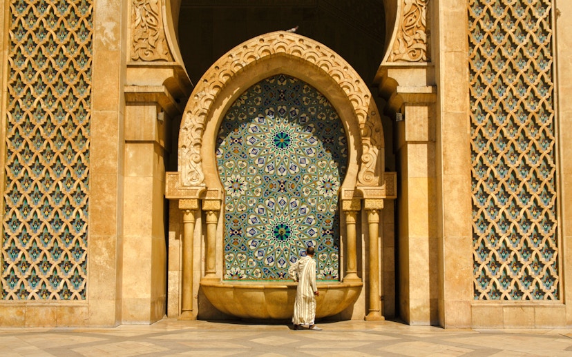 Ornate brass door and mosaic at Hassan II Mosque, Casablanca, Morocco.