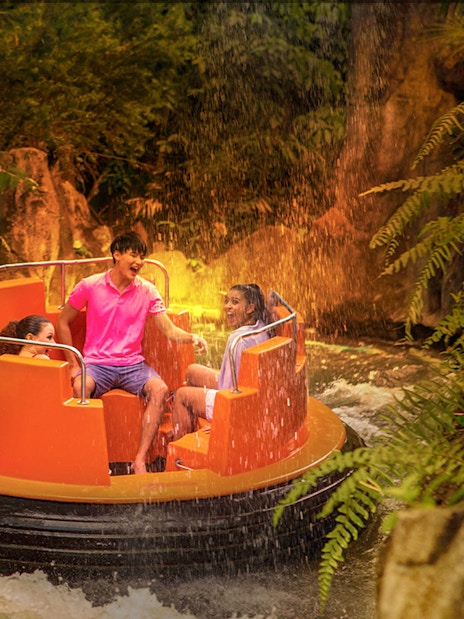 Guests enjoying a raft ride through Grand Canyon river rapids surrounded by lush greenery.