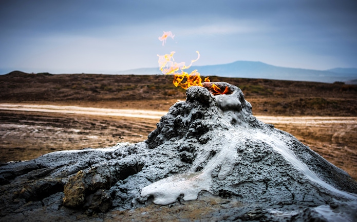 Burning gas atop a mud volcano in Gobustan, Azerbaijan.