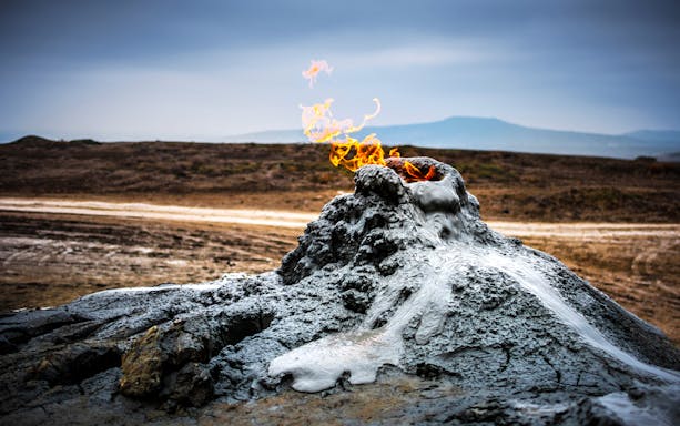 Burning gas atop a mud volcano in Gobustan, Azerbaijan.