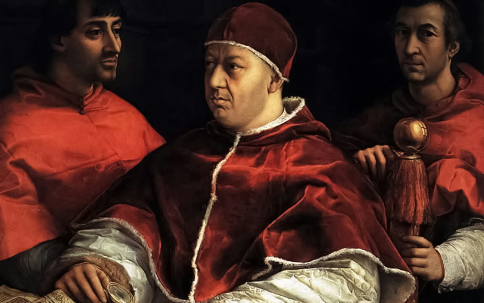 A pintura de Rafael "Retrato do Papa Leão X com dois cardeais", em exibição na Galeria Uffizi, mostra o Papa em traje vermelho com dois assessores ao fundo