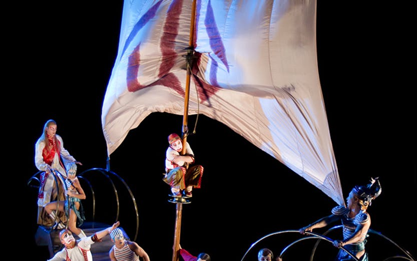 Performers on a ship-themed stage in a Cirque du Soleil show, Las Vegas.