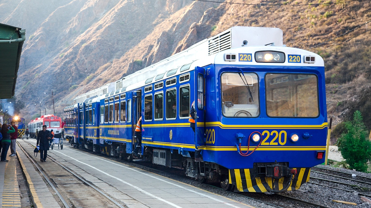 Blue train at station en route from Cusco to Machu Picchu, Peru.