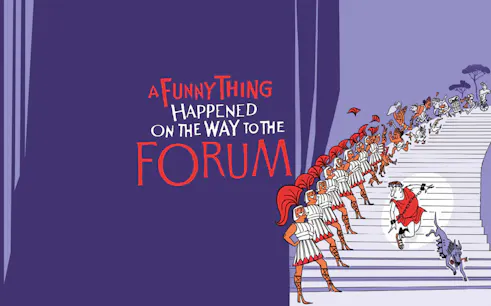 Roman soldiers and characters on stairs for "A Funny Thing Happened on the Way to the Forum" in Paris.