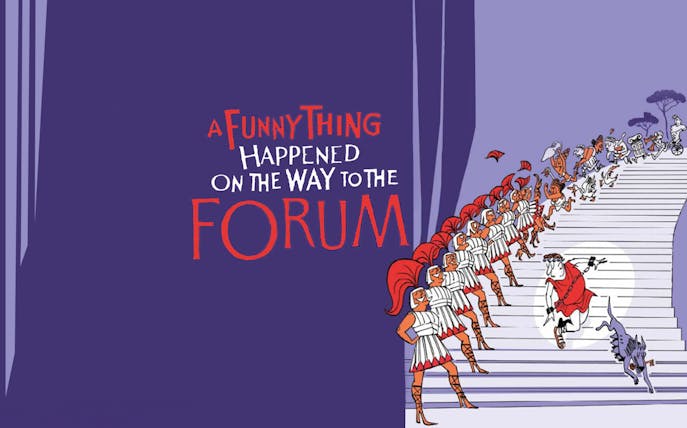 Roman soldiers and characters on stairs for "A Funny Thing Happened on the Way to the Forum" in Paris.