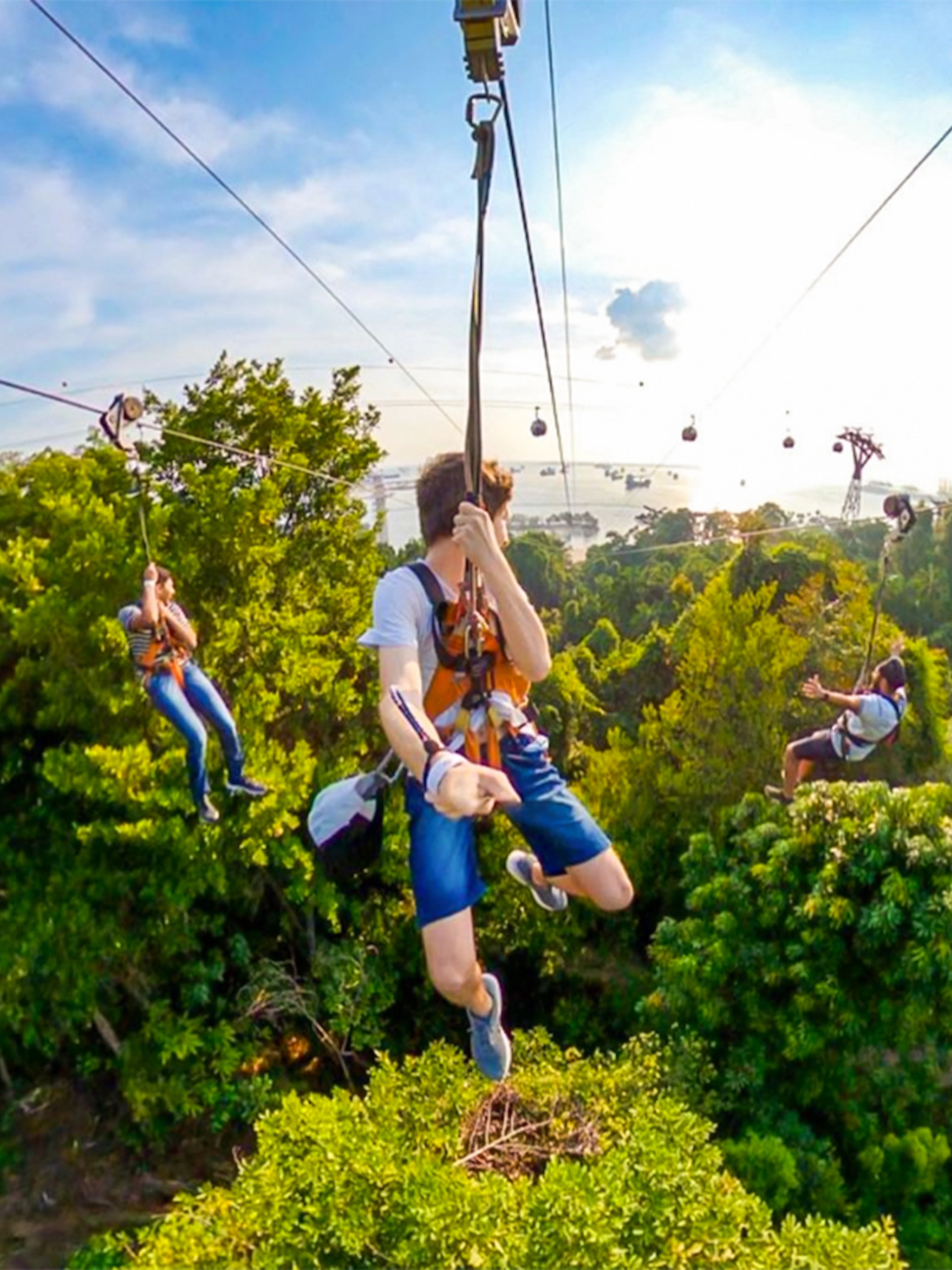 Visitors ziplining over lush greenery at Mega Adventure Park, Singapore.