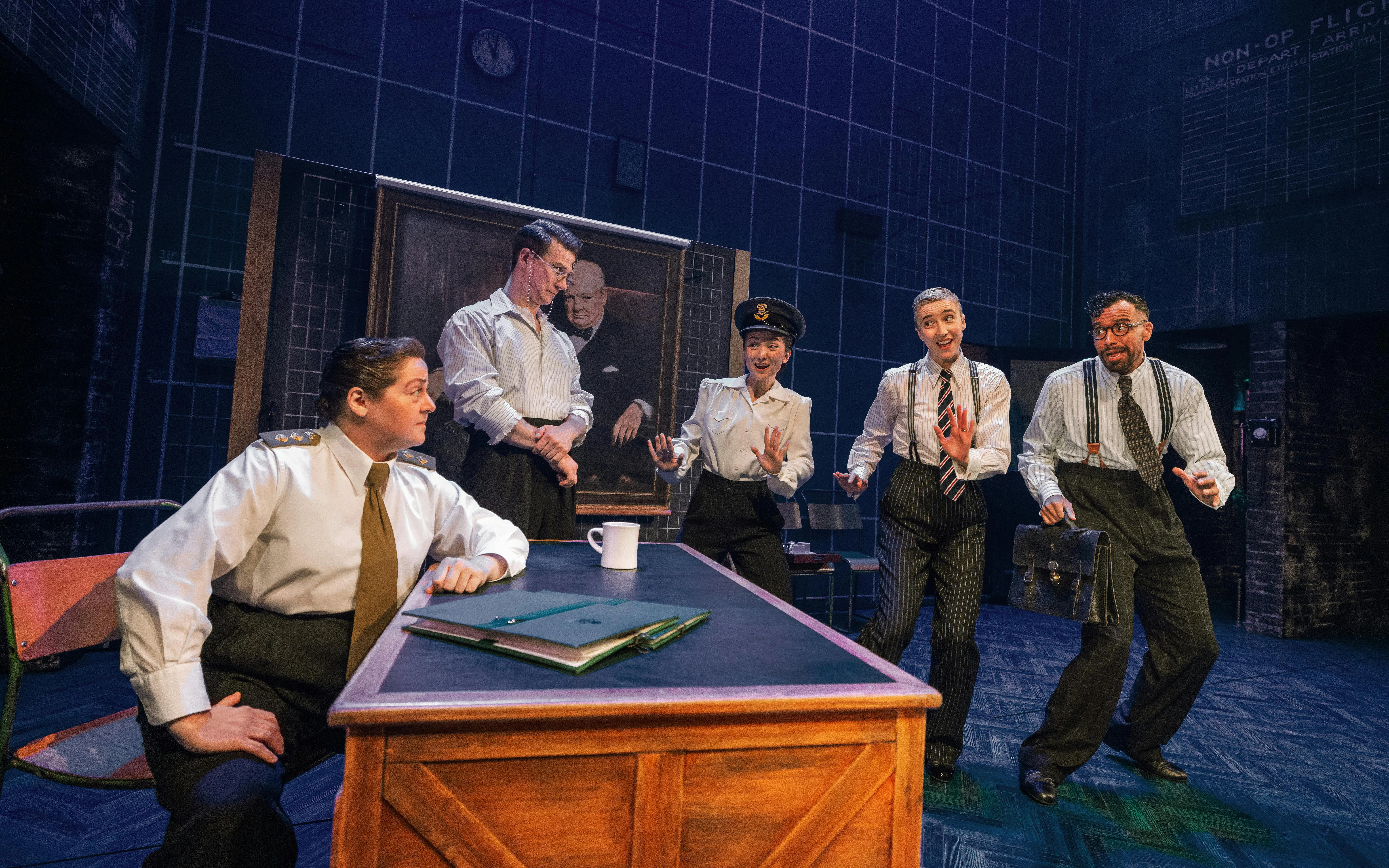 Cast performing Operation Mincemeat on Broadway stage.