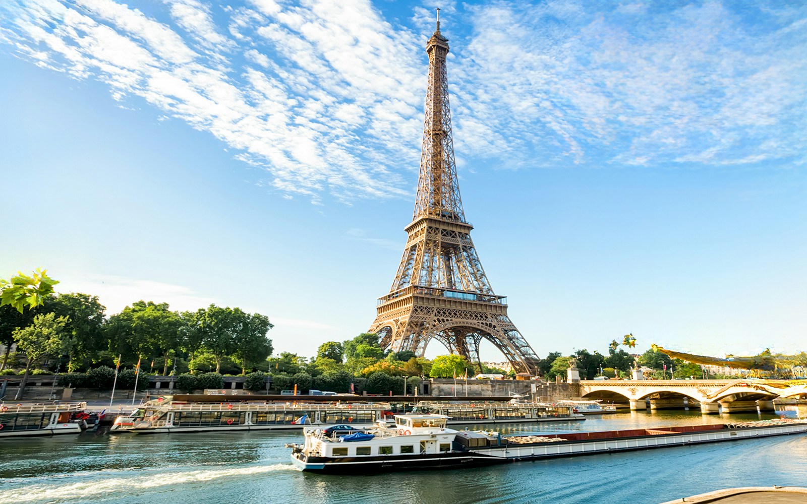 Seine River cruise with Eiffel Tower view in Paris, France.