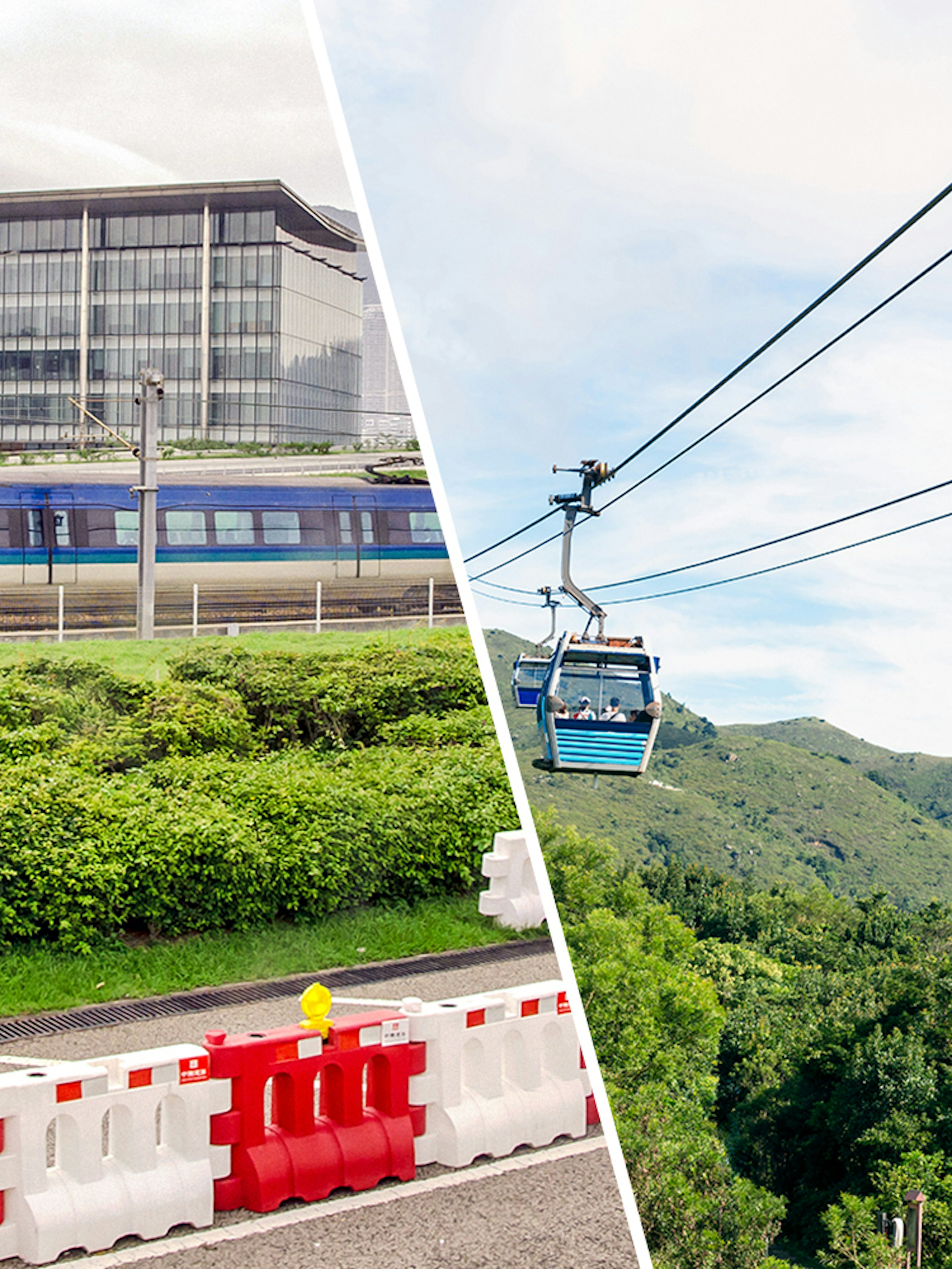 Airport Express train and Ngong Ping Cable Car in Hong Kong.