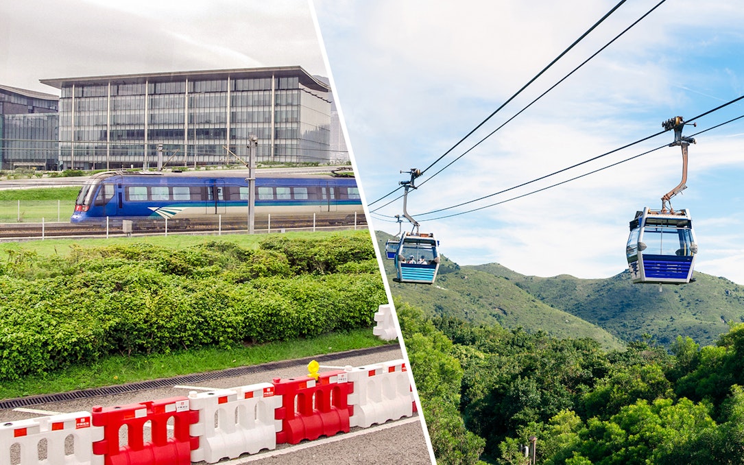 Airport Express train and Ngong Ping Cable Car in Hong Kong.