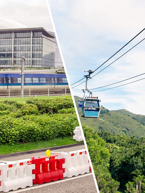 Airport Express train and Ngong Ping Cable Car in Hong Kong.