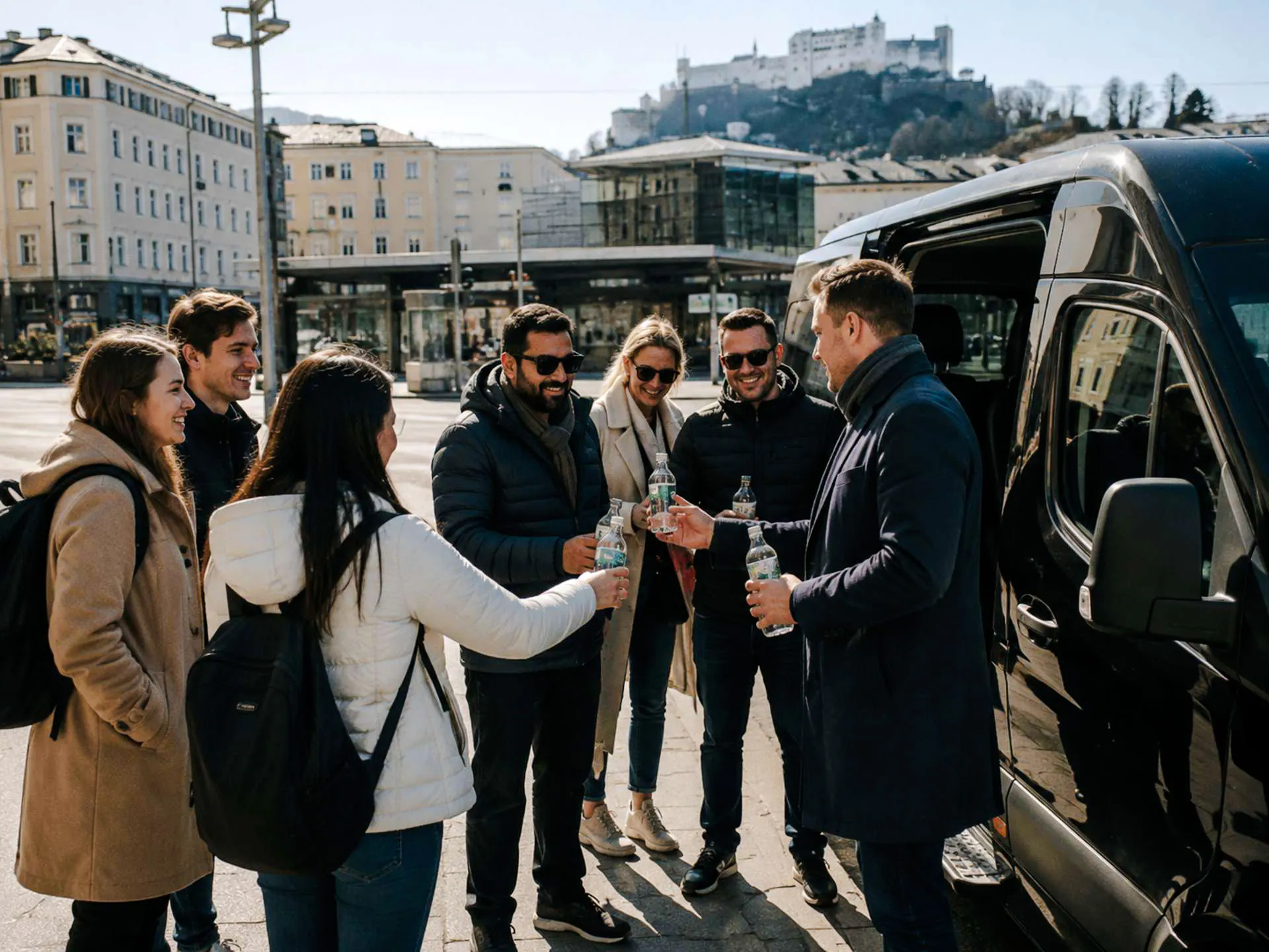 Group of tourists with guide near van in Salzburg, with Hohensalzburg Fortress in background.