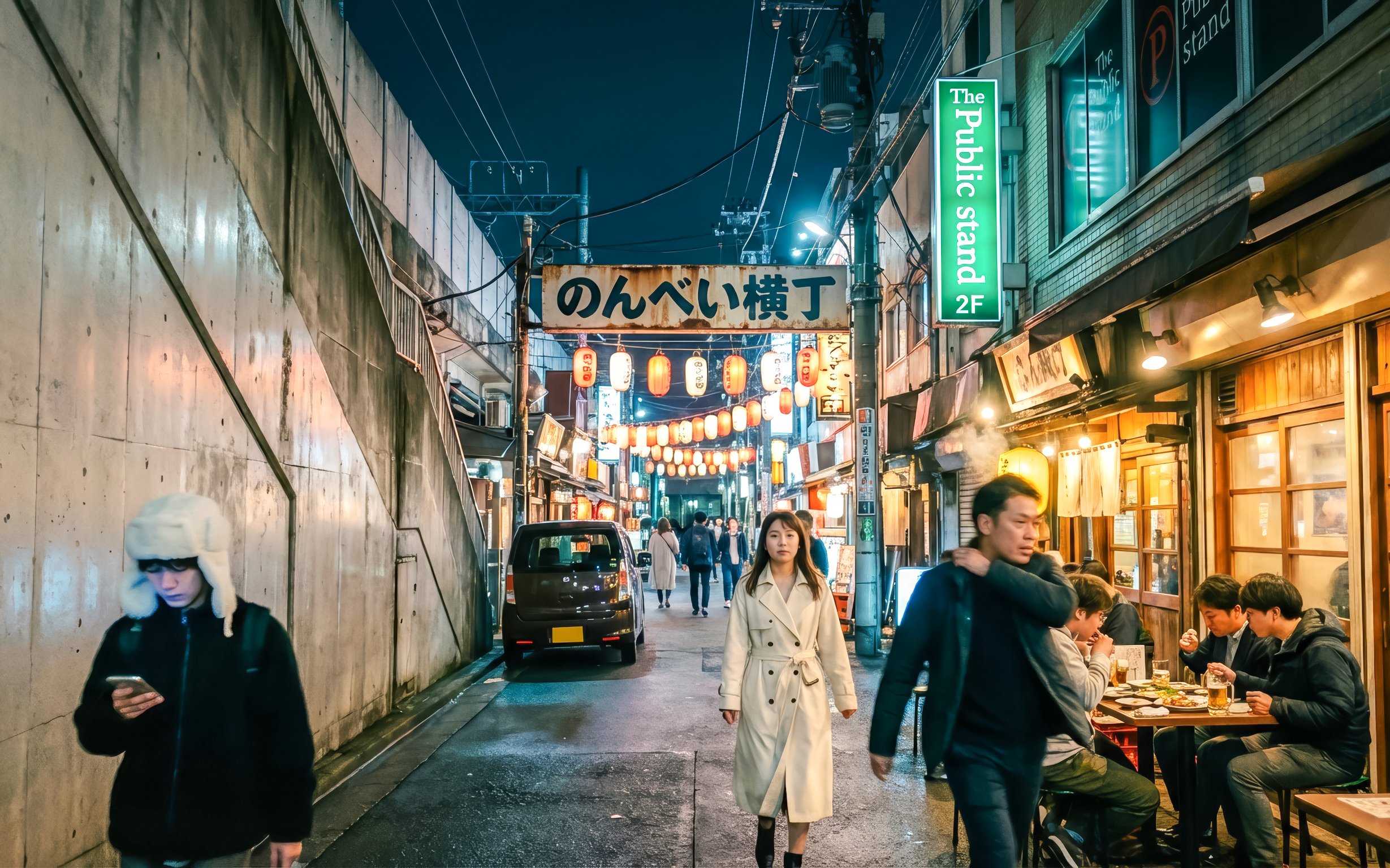 Woman walking through Shibuya street with food stalls and lanterns in Tokyo.