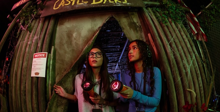 Visitors exploring Castle Byers set at Stranger Things play, Netflix house, Dallas.
