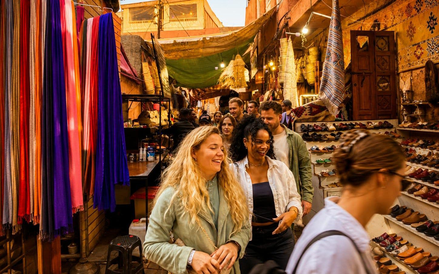 Tourists exploring a vibrant souk in Marrakech's Medina with colorful textiles and shoes displayed.