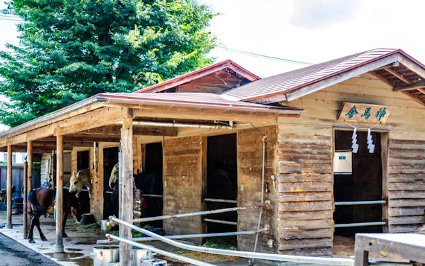 Wooden stable with horses at Shimomiya of Komuro Asama Shrine, Fujiyoshida.