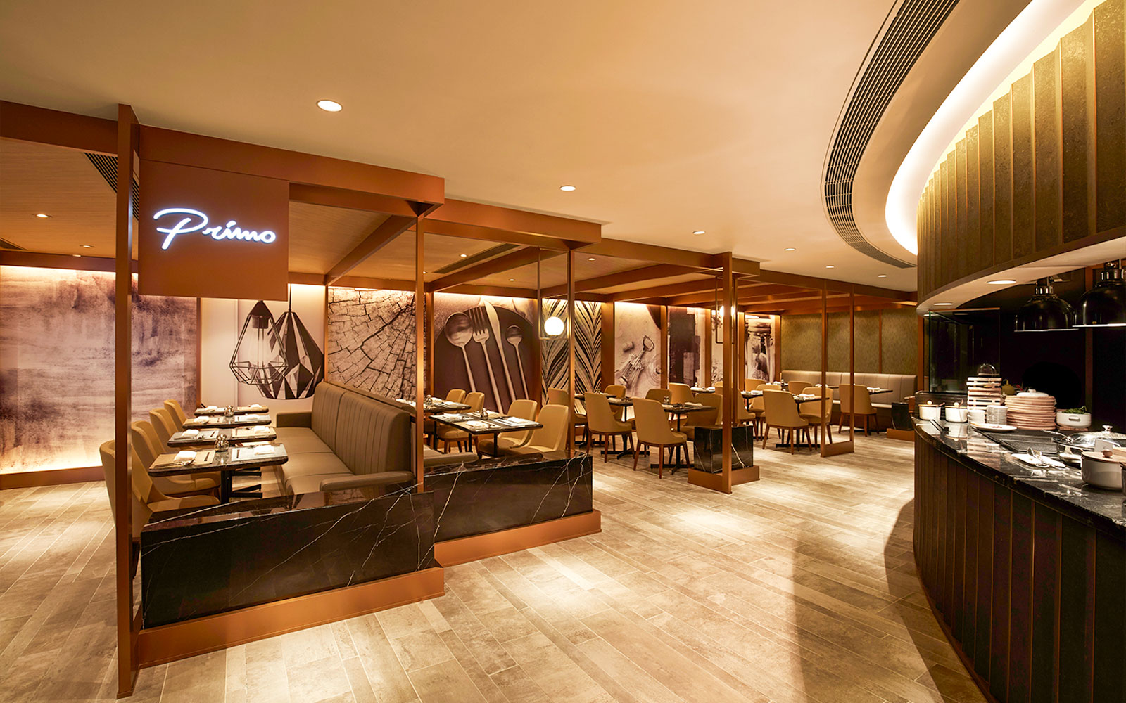 First-class lounge dining area at Hong Kong International Airport.