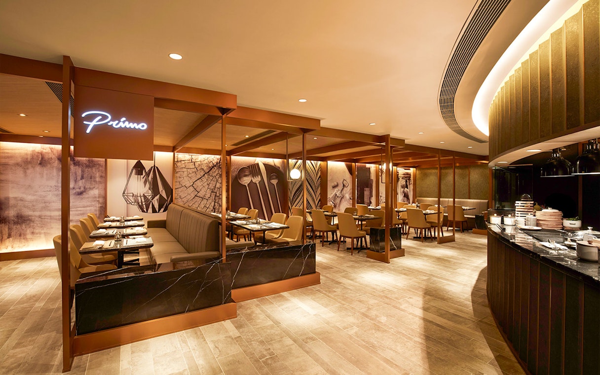 First-class lounge dining area at Hong Kong International Airport.