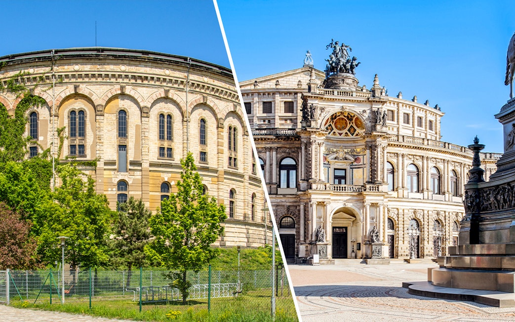 Dresden Panometer and Semperoper exterior views in Dresden, Germany.