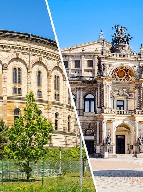 Dresden Panometer and Semperoper exterior views in Dresden, Germany.