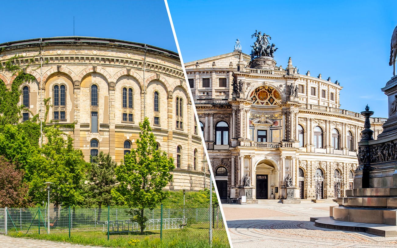 Dresden Panometer and Semperoper exterior views in Dresden, Germany.
