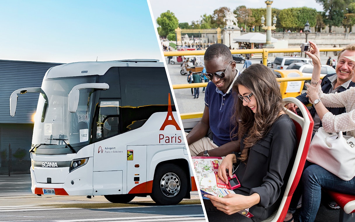 Paris tour bus and tourists enjoying a city sightseeing ride.