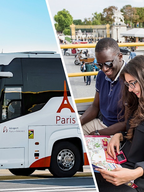 Paris tour bus and tourists enjoying a city sightseeing ride.