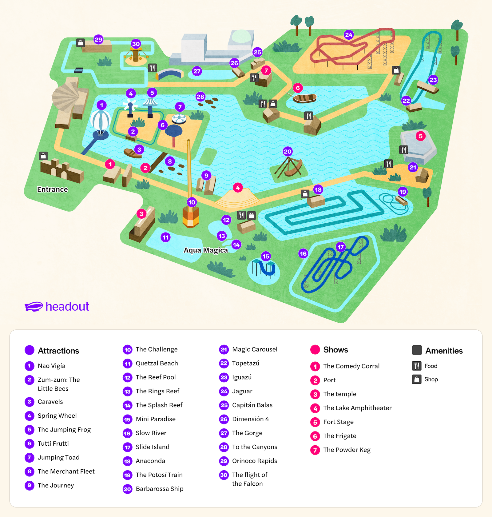 Isla Mágica theme park map, Seville, Spain, highlighting attractions and rides.