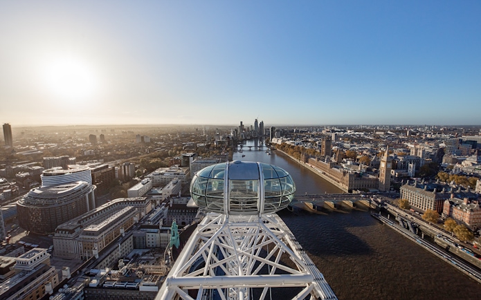 View from the London Eye overlooking the Thames River and cityscape.