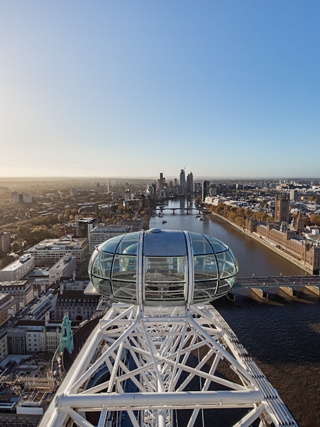 View from the London Eye overlooking the Thames River and cityscape.