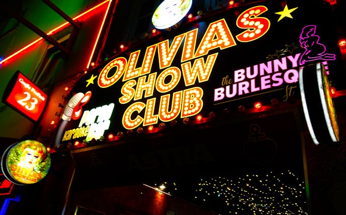 Olivia's Show Club neon sign in Hamburg's Kiez district.