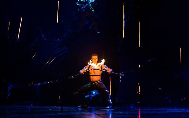 Performer with fire sticks at Cirque du Soleil: Bazzar in Meloneras.