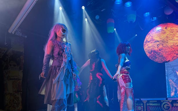 Performers in costume on stage at Samurai Restaurant show.