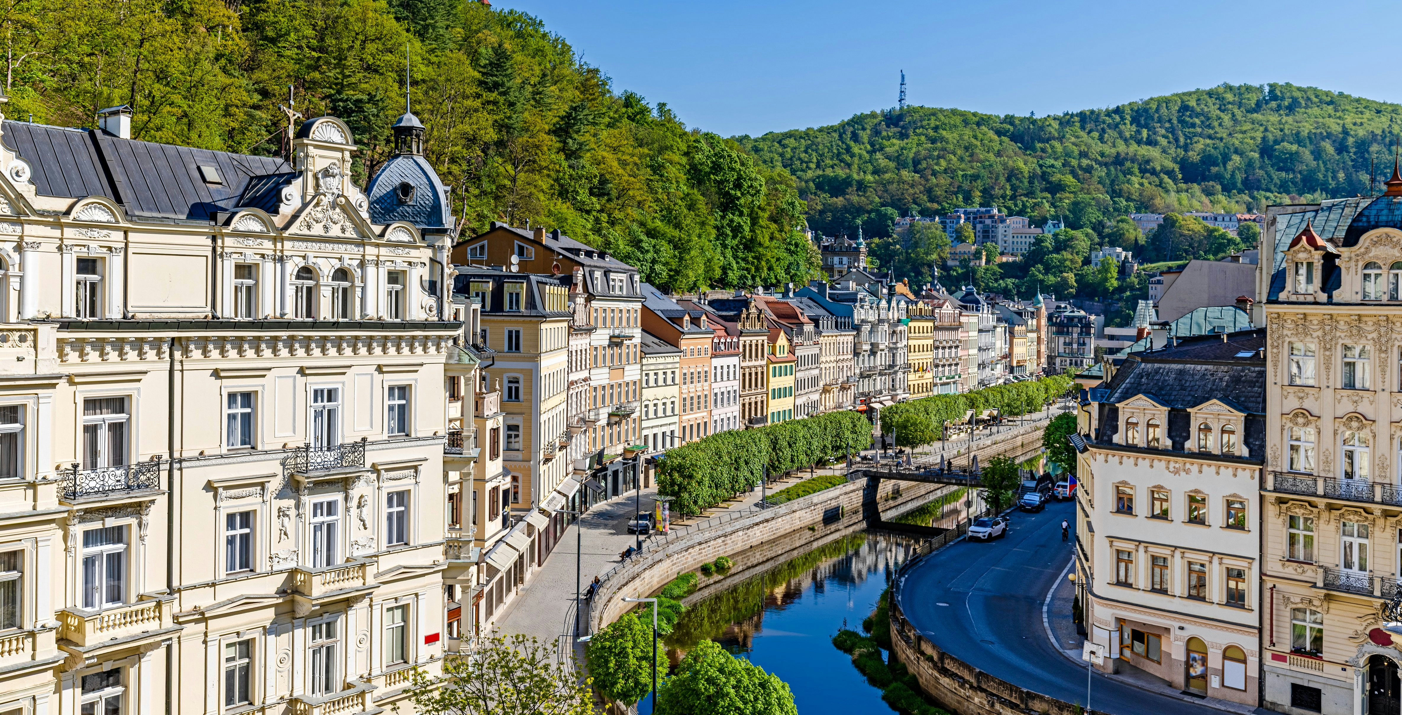 Historic buildings along the river in the old quarter of Karlovy Vary, Czech Republic.