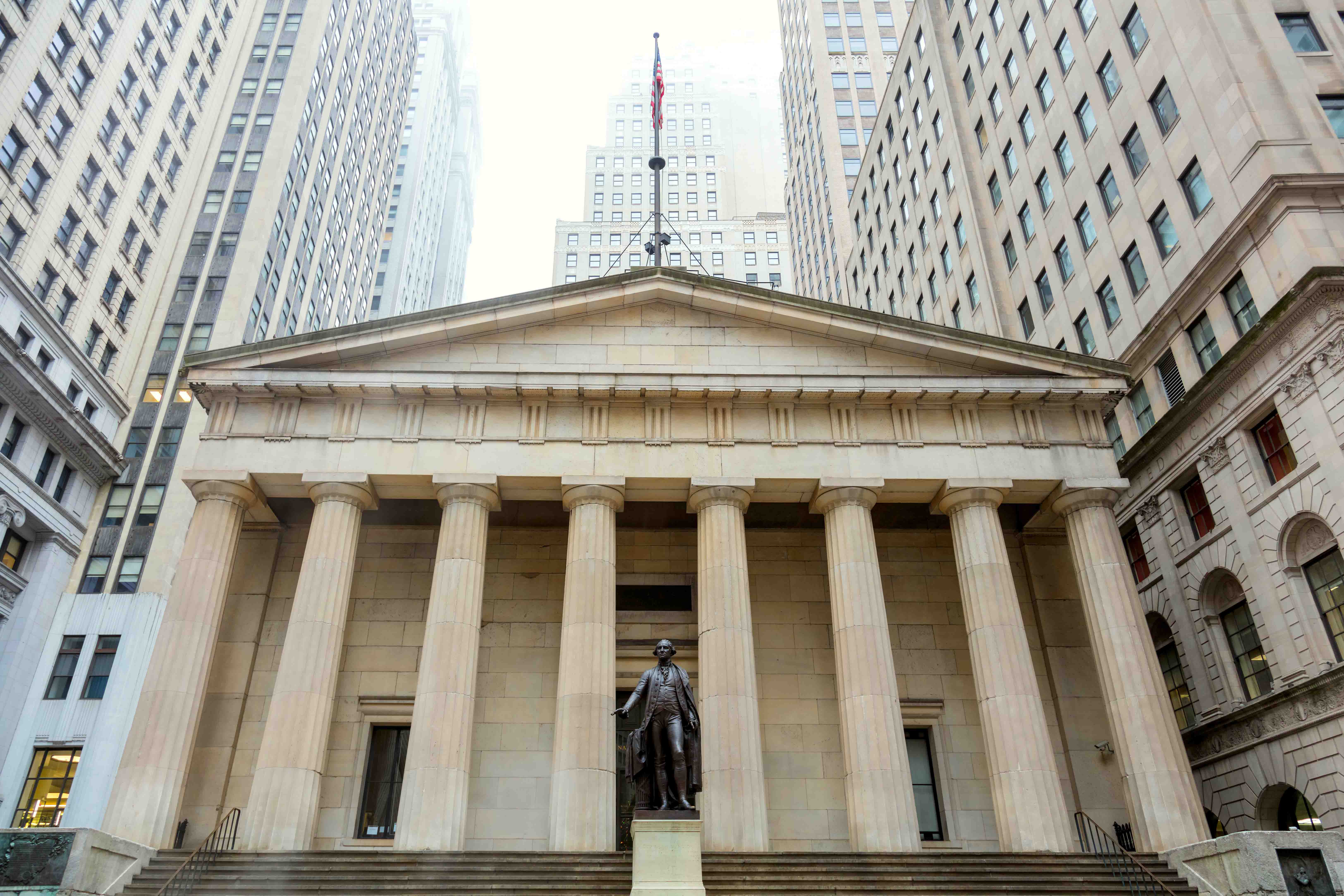 Federal Hall National Memorial exterior with columns in New York City.