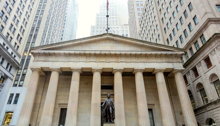 Federal Hall National Memorial exterior with columns in New York City.