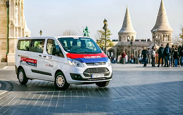 MiniBud shuttle van near Fisherman’s Bastion, Budapest.